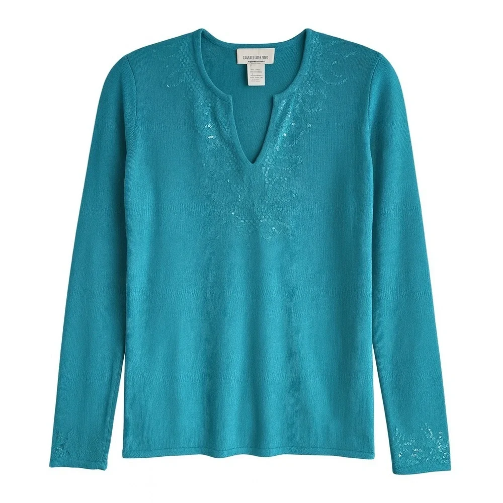 Susan Bristol V-Neck Sweater Split Neck Sequin Knit Turquoise Resort Top Medium
